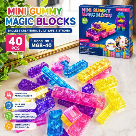 Mini Gummy Magic Blocks – 40 Pieces | Soft & Flexible STEM Building Toy