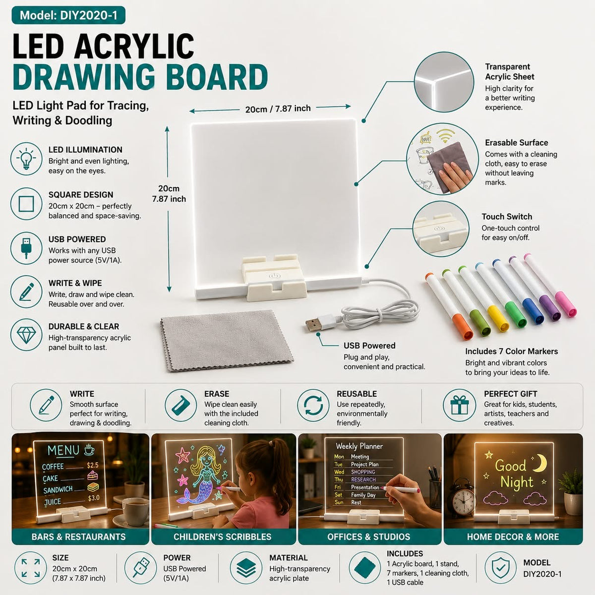 Acrylic LED Writing & Drawing Board – 20×20 cm